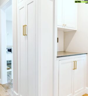 Aaron O'Connell Instagram - Making sure you have a level on hand is a good start to every project.  @nataliepack asked for a side utility cabinet integrated with a pantry, quartz countertop and room for appliance storage. 4,537 measurements, 328 cuts, 172 pocket screws, some of our favorite @schoolhouse knobs and voíla. She had the whole thing loaded up before I could do my usual, “Natalie, come look.  What do ya think?”
