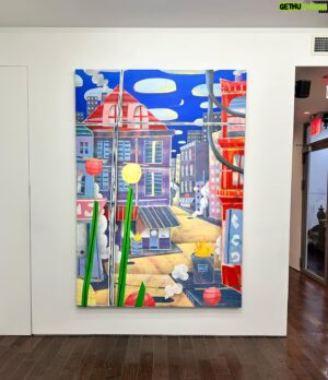 Adam Lucas Himebauch Instagram - “This is downtown, looking out my window. There’s a type of circus energy here. Always something to look at. I even added the outline of an elephant into the painting.” 

See this large painting and more at Adam’s Never Ever Land exhibition @ 956 Madison Avenue. On view until March 16th. Adam is “in residence” until the 9th! -Sydney🚀
