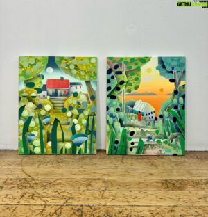 Adam Lucas Himebauch Instagram - Here are 2 small paintings recently painted. The last few years I’ve really enjoyed working large as there’s a curious thing that happens to perception when a viewer stands in front of a seemingly life-sized landscape. But over the last few months I’ve been pressed to paint somewhat smaller. Beyond the rapid progress in technique, I’ve really enjoyed painting at this scale. It’s taught me not to treat everything soOoOo damn precious. There’s an underlying pressure that seems to build when working large, like everything is make or break. It’s a funny line to tow and one that is completely made-up! 

Everything influences everything else. From drawings to collages to paintings, it’s one giant ouroboros. Really cyclical that way. I’m eager to see how the paintings change and evolve once I land back on the big painted picture plane. 🌀