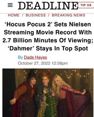 Adam Shankman Instagram - This just blew my mind. 
Thank you to all you streamers and fans, and congratulations to all of us who worked so hard on @hocuspocusdisney! 
Especially @567and8 @mrsleshem @jesskavirchoo @racheello @michaelseanbailey, Vanessa Morrison, and our glorious cast @bettemidler @sarahjessicaparker @kathynajimy @mrtonyhale @thesamrichardson @hannah_waddingham @whitneypeak @belissae @lilia @actordougjones and @froy 

WOWZA!!!