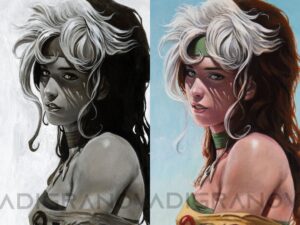 Adi Granov Instagram - Lots of questions about my method. 

It's all entirely acrylic paint on watercolour board. On the left is the "grisaille" greyscale underpainting where all of the form is figured out. This still exists in the colour version, it provides all of the volume, so they are not separate processes, just stages of the same thing. None of the image on the left is lost, it's all there under the colour. If I was to finish a piece in greyscale I would take it further, but even this is too far, as things such as specular highlights weren't necessary until the colour (strictly speaking about the process), however, I wanted to indicate them in order to make sure it was all working as intended.

These images are much larger than the physical panting, so you can see all of the brush strokes which in reality just form a texture, but hopefully they explain a bit more the way I apply paint and that the "blending" effect is created by overlaying brush strokes, not actual blending of wet into wet. This is because I prefer the life in the strokes to the smooth blends, but I also get pleasure in achieving something the hard way.

In all honesty, it's really difficult to explain my process in simple terms. It's something developed over at least 30 years of experimentation as I've never been able to find an existing lesson or tutorial on how to achieve the things I wanted to achieve. The closest is the Flemish style of oil painting, especially Vermeer, but there is very little actual evidence of his process, it's all based on opinion and reverse engineering. However, it is what really inspired what I do now, built on my previous fascination with Sorayama's technique, built upon my desire for very sculptural form in my paintings.