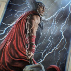 Adi Granov Instagram - Nearing the end. Surface is still dull, but once the varnish goes on the darks will become really deep and highlights alive. Lots of layering on this one, probably 20-25 glazes of paint and medium to give it a lot of life. It will be a pain to photograph.

#thor #avengers #marvel #adigranov