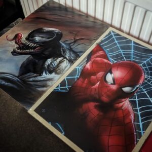 Adi Granov Instagram - Varnish drying on these two.

Commissions for a friend which will also be covers.

Miles next, which is being done as a cover from the start (as I need to stop doing commissions to cover level!)

Both acrylic on watercolour board

#spiderman #venom #marvel #adigranov