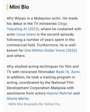 Afry Wijoyo Instagram - 10 years of pursuing a career in this industry—this is the story of how it all began. I was discovered by a talent agent on the sales floor when I was working at @hm Nusentral Kuala Lumpur, as a sales advisor in 2014. He introduced himself; Cole, and we both met after my shift ended, drank some tea, and discussed it. I accepted his offer with gratitude.
 
I managed to appear in my first print ad for @petronas, along with other talent. At that time, I was also involved in TV commercials and magazine spread by @kumpulan_media_karangkraf. Thank you @odayunus for giving me a chance.
 
A few months later, in 2015, I was approached by another talent agent, offering me a re-enactment role for a documentary. That was my starting point in the acting industry. In the same year, I decided to focus more on my best work in customer service while I pursued a talent career as my part-time job.
 
Then, in 2022, after I left the executive position, an important person from @orangetreeproduction , Abg @faisalchalahmad67 contacted me and offered me a role in TV miniseries; Cikgu Terpaling A!, directed by Mr. @kyollhamzah_director . I was scared. Fueled by passion but blinded by nerves.
 
I didn't know who my sparring partner was until I saw @izzueislam , and my chest was pounding. Doubly nervous when in front of me was remarkable actor @zamarulhisham93 , I spoke to myself (I still haven't gotten up from my bed or not?). I did my best not to show my nerves in front of them, and I did it with dignified. I am grateful to have met them both, and they did not hesitate to share their knowledge and some good tips during filming. Thank you! 🙏🏻✨
 
Last year, 2023, was a great revival in commercials and TV screens. I talk to God, and I know my path has difficulties and risks, but I know this is a journey approved by my parents and the creator, Allah SWT. Thank you to all the directors, producers, production team, backstage crew, and talent agencies. To the online, offline contributors, and @bookd_malaysia who gave birth to Afry as a newcomer. And to all my supporters, thank you still through my journey. Terimalah Afry Wijoyo dalam industri seni.

#AfryWijoyo #TVCommercial #Film