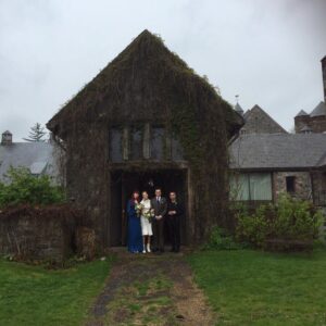 Aimee Mullins Instagram - Our rainy day wedding in a magical hobbit-y compost shed...vintage silk and muddy booties, a bespoke suit for Rupert with a vibrant blue-purple lining, and champagne all around
