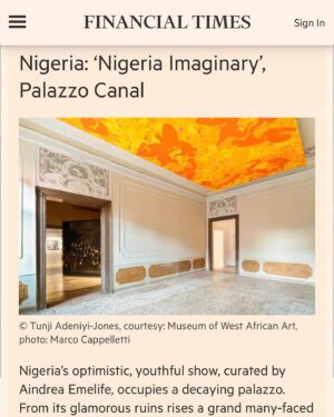 Aindrea Emelife Instagram - Over the past week, we had the opportunity to host a preview of the Nigeria Imaginary exhibition for the official presentation of the Nigeria Pavilion at this year’s Venice Biennale. We are grateful for the support we received, and for the positive feedback by press and members of the public.

“One of the most ambitious African presentations ever at the Venice Biennale.” - Siddhartha Mitter, New York Times

“Top 8 Pavilions” – NYT

“ Top 5 Pavilions” – ArtNews

We hope you get a chance to visit too. Tag us @mowaaofficial and @nigeriaimaginary when you do!

NIGERIA IMAGNARY
Nigerian Pavilion 20.4-24.11.2024. 
Palazzo Canal, 3121 Rio Tera Canal Dorsoduro, Venice
Curated by Aindrea Emelife
Commissioned by the Edo State Governor, Godwin Obaseki, on behalf of Nigeria’s Federal Ministry of Art, Culture and the Creative Economy under the leadership of Honorable Minister Barr. Hannatu Musa Musawa.
Organized by The Museum of West African Art (MOWAA)

Open Tue-Sun 11.00-19.00.