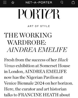 Aindrea Emelife Instagram - NET-A-PORTER Feature 💚🤍💚

Life has been moving a bit too quickly of recent.... those who know me know I'm neck deep preparing for the Nigeria Pavilion at next years Venice Biennale - which now feels like it's tomorrow. ⏰ 😱 

However, I found a few moments to brush my hair and look like my past self (current self has been residing under a heap of books or glued to laptop on calls) and speak about how I tell stories via what I wear with the amazing team at @netaporter for the 'Working Wardrobe' series 

Many thanks to @francine_lou for the interview and triggering so much nostalgia

To @lilybw to valiantly capturing me smiling in a photo (thank you!!)

Stylist @kristenneillie @mayag.edit 

Art Director @livharrould 

Glam @sunao__takahashi @officiallychantelle @abena_lopez_nails 

And the whole Net-A-Porter team! @alcaselyhayford @streetchloe @es.robertson @kittyhlawrence @chloevdklaauw @yandelli @kayabarron
