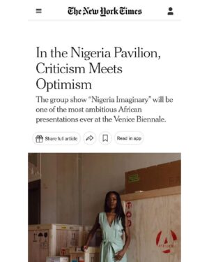 Aindrea Emelife Instagram - NEW YORK TIMES!! 💚🤍💚

Waking up bleary eyed to this was a shock. This comes at the final push of an intense installation period for easily one of the most ambitious and important exhibitions I have and will ever curate. It is important because it has the significant potential to mean more than the sum of its parts. At the heart, it urges us to imagine and dream in new ways and with a new nation and under the surface at times tells a narrative of many different interactions with nationhood and how these perspectives shape how we envision a new nation. The exhibition is a manifesto. It is a proposal.

During this installation process I have felt immense gratitude to the artists. All of whom have pushed their practices and evoked Nigeria Imaginary in such powerful ways. Never in my wildest dreams would I have imagined working so closely with artists I admire so much. You have taught me so much about the power of art and the imaginary and about myself. (@tunjiaj @shonibarestudio @memoriesofabiglife @dikendidi @devilintraining_ @oghobaseabraham Toyin & Fatimah)

Not long now! Everything is shaping up and I can't wait to reveal to you all next week!

So many thanks to @siddharthamitter for so beautifully capturing the essence of the exhibition and teasing these incredible works! Highlighting the journey from Nigeria to Venice (and back!). The piece is an invitation into the state of things and a liberated future. 

And to an amazing team 💪🏾 @mowaaofficial @dhoffice 

Ty @nytimes !! Off we goooooo 🚀 🇳🇬 

📸 @demayda 
👗 @newbottega (Grazie Alexandre!!!!)
