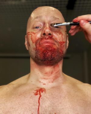 Aksel Hennie Instagram - SATURDAY NIGHT MAKE UP CHECK! 👊🏻 Love work these days! @noomirapace and @tommywirkola impress me on daily basis! F••K!!! - this movie is something else!!! Thanks to my brother and friend @andreriksen for some serious beating this week - you’ve always been a badass, but you’ve evolved to next level - impressive and inspiring, buddy! ❤️👊🏻❤️ K H H❤️ #movie #thetrip #blood #actor #film