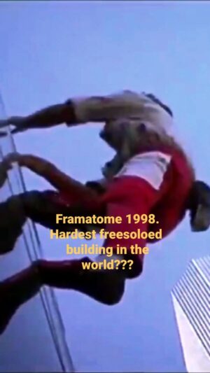 Alain Robert Instagram - Framatome  is mostelikely  the hardest  and most dangerous  urban ascent I have done . it took me five years deciding wether I was going to do it or not and on the day snd after 30m I have had a bad feeling that it was not going to work  and I have decided to climb down but after less than one meter I have understand  that I couldn't.  I had to fully refocus on to a fighter and I have decided  that no matter I was going to make it alive and I have put all my strength into the battle . it was no longer a battle for a target but to live . I have encountered  halfway through  a major obstacle as the Crack was narrowing  to a point that I nearly couldn't  any longer jaming  the tip of my foot but I finally made it and after a battle that roughly last 45mn I was standing  at the top of what im still considering  as the hardest  building  I have ever climbed  freesolo . it was in 1998 . On my specific  scale of difficulties from 1 to 10 that  I have created  only for buildings  its a 10 as if using the grade as we are using on rocks  it would be be 8a . Once again it's only a suggestion . Recently  Adam Ondra  has climbed a building top rope  in Prague  and it would be 8c/8c  . There again it's in my opinion difficult  to use the same system  as on rocks as so different  as climbing a building  is only repetitive and it is more an effort that is claiming  a very good indurance  for the hard ones .
#climbing #freesolo #masteringfear #challenge #resilience #adventure #mindset #climbinginspiration