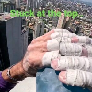 Alain Robert Instagram - After reaching  a dead end 2m  bellow the summit of the Gt tower in Makati I had no other options  than to climb down  the entire building . Most interestingly  is my age as im close to get 62 years old and it was 2 months ago . 
#climbing #freesolo #challenge #adventure #adrenaline #mindset #resilience #climbinginspiration