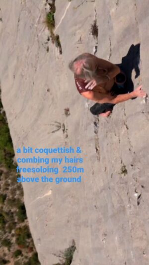 Alain Robert Instagram - Not everyone  will understand me  and I can agree on that as it doesn't  really  make sense freesoloing  a 250 m cliff and  stopping  along the way for combing your hairs. There is no logics but I'm tempted  to ask you what is the logics and why you are believing  in it and based on what as I can assure  you that im not a suicidal person  and I have been climbing  freesolo for 50 over  years. 
#climbing #freesolo #mindset #challenge #resilient #adventure #escalada #climbinginspiration