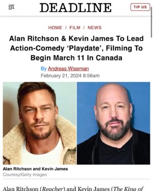 Alan Ritchson Instagram - I’ve wanted to return to comedy for a few years now and have been looking high and low for the right script. I’m happy to say, not only did the perfect screenplay find me, but I get to partner with comedic legend kevinjamesofficial and filmmaker extraordinaire @mr.lukeg. 

This is gonna be a fun one - a buddy action comedy with unexpected twists and turns, vibrant characters and a ton of heart. 

Can’t wait for you to see what we have in store.

Thanks @deadline