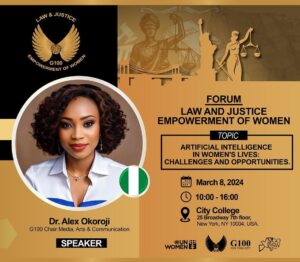 Alex Okoroji Instagram - Happy International Women’s Day to all the women of the world. I’m excited to be in New York today, March 8th and I look forward to speaking at the G100 Law & Justice Forum for Women Empowerment happening at the City College led by the Incredible H.E Justice Carmen R. Velasquez (New York Supreme Court Judge and the Immediate Past President of the Association of Justices of the Supreme Court of the State of New York and the G100 Global Chair for Law & Justice).

I’ll be speaking on the panel “Artificial Intelligence in Women’s Lives, Challenges and Opportunities” with a perspective on the impact in areas of Media Arts & Entertainment and I look forward to representing my global wing @g100mediaarts, joining some incredible judges, lawyers, leaders, experts and soul sisters as we share, learn and proffer tangible solutions for a better society that keeps women safe and thriving.💕

#G100 #alexokoroji #women #iwd2024 #womensday #womenleaders #womensupportingwomen #forum