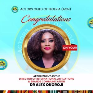 Alex Okoroji Instagram - Humbled and grateful for the re-appointment.🎉🙌🏽

What an honour to serve in this double role as Director of International Affiliations & Brand Communications on behalf of @actorsguildofnigeria

I'm grateful to our President @emekarollas for his unwavering faith in me and for his relentless commitment to move the guild forward.

I look forward to serving the guild once again and working together with the President and other members of our power-packed cabinet to grow our international recognition, partnerships and co-create a brand we can all be proud of. 

This is all work in progress as we continue to do what we can to achieve the vision of the president. We already started with our AGN International Festival, our ON-SCREEN Magazine and other projects in the works. And we look forward to the second edition of AGNIF happening 8-10 August 2024 in Los Angeles, California (USA) in Partnership with Dream Magic Studios and Silverbird Group. 

I'm proud to also serve as Chairman of the Organising Committee for the Festival along with our incredible Festival Director, Mr Segun Arinze and Producer, Amb. Ifeoma Okeke.

Nigerian actors through our hard work, dedication and incredible talents continue to be cultural ambassadors of our great nation and continent. Through us - the world connects to our stories, feels the pulse of our brilliance, resilience, diversity and learns more about who we are as a people.

32 members were appointed to the Kitchen Cabinet in a wonderful inaugural ceremony yesterday at the Silverbird Galleria. It's all love from where I stand. Congratulations to everyone.👏🏽👏🏽

As always, I'm ready for AGN's progress. 🙌🏽🙌🏽💕

~~~~~~~~~~~~~~

Posted @withregram • @actorsguildofnigeria Congratulations to Alex Okoroji @alexokoroji on your appointment as Director of International Affiliations & Brands Communications.

 #actorsguildofnigeria #AlexOkoroji #QueenofExpression #appointment #actor #grateful  #proud #celebration #nollywood #nigeria