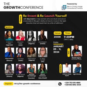 Alex Okoroji Instagram - It’s time to Re-Invent and Re-Launch yourself. Such an incredible honor to be one of the speakers. 

Join ME and some amazing experts for an exciting time at The GROWTH Conference convened by the lovely Noella Ugwu @noelaugwu . This 3-day virtual conference is a must-attend event for women who desire to understand “what next” for their lives and their career. It is an opportunity to network and learn.

The pandemic and the current global recession have dealt a hard blow on many women, and quite a number of them are left without jobs or thriving businesses. Some of who are not in these two categories are struggling so much financially, emotionally and psychologically, and  these have taken a toll on their general well being and on their level of happiness. 

Many have made big lifetime changes like relocating to other countries and these have brought about some level of cultural and social shock, in addition to the economic demands of such big decisions. 

Re-invent & Re-launch yourself is aimed at helping participants gain clarity on what to do next, and the steps to take to get unstuck and thrive.

You can register here👇🏾👇🏾
https://bit.ly/the-growth-conference or click 🔗 in bio.

#alexokoroji #queenofexpression #conference #event #growth #reinventyourself