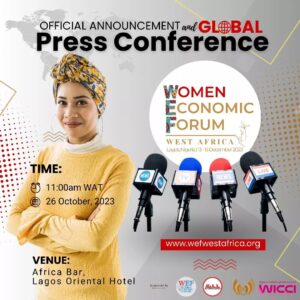Alex Okoroji Instagram - Counting down to our joint Global Press Conference and Official Announcement of the 107th Edition of the Women Economic Forum (WEF) happening in Lagos, Nigeria (13-15 December 2023) and the G100 West Africa Meetings (11-12 December 2023), supported by G100 and WICCI Nigeria-India Business Council.

The press briefing will set the stage for what would be an unforgettable 5 days of conversation, connection and celebration of women's contributions to driving society forward. 

📆 DATE: Thursday, 26 October 2023 

📍VENUE: Africa Bar, Lagos Oriental Hotel, Victoria Island.

⏰ TIME: 11am.

Catch the "In-Person" Press Brunch for WEF West Africa online here 👇🏽👇🏽

https://visit.wefwestafrica.org/PressEvent 

(OR  Click via 🔗 in bio)

Cc @alexokoroji 
@realnataliefort
@womenecoforum
@g100mediaarts
@wiccinigeria

#wefwestafrica #wef2023 #press #pressconference #event #conference #womeninbusiness #exhibitors #womeninbiz #womenleadership #entrepreneur #women