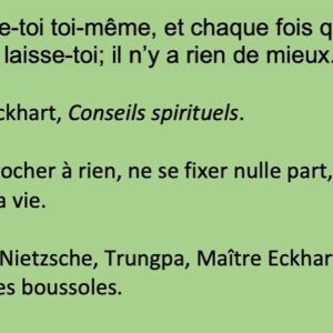 Alexandre Jollien Instagram - Coucou,
Augustin me dit que la belle phrase de Maître Eckhart mérite un peu d’explications.
Le bouddha disait que la souffrance apparaît dès qu’on se fixe, dès qu’on se fige et qu’on s’attache à une étiquette. 
Méditer c’est voir toutes les émotions, la peur, les traumatismes qui nous envahissent, et laisser passer.
C’est aussi voir que nous sommes bien plus que l’image que nous nous faisons de nous-mêmes.
Après-midi, en remontant le chemin, je me suis dit que Trungpa et Maître Eckhart étaient vraiment deux compagnons de route d’exception. 
Et sur ce au dodo. Demain est un grand jour, on va à Sils Maria, là où Nietzsche tentait de chercher la grande santé.
Merci à toutes et à tous.
