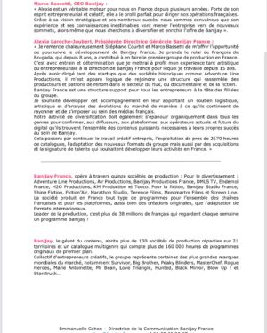 Alexia Laroche-Joubert Instagram - Je suis très fière de prendre la direction de @banijayfrance , il m’en a fallut du temps pour arriver là. J’ai reçu ma première fiche de paye en télé à 16 ans, j’ai monté une à une les marches de ce métier afin d’en connaitre tous les rouages, les méthodes de production, tous les genres de programmes. 37 ans après je suis toujours passionnée et curieuse. Pendant toutes ces années, j’ai rencontré de grand professionnels @mo_fogiel , @thuillierp , Pascale Breugnot, @franckfirminguion , Marco Bassetti et évidemment Stéphane Courbit il y a 27 ans. Je leurs suis à tous très reconnaissante de m’avoir fait confiance à un moment de ma carrière. Je quitterai en septembre mes fonctions opérationnelles @alp_fr avec énormément de gratitude et un pincement au coeur pour toutes les équipes avec qui j’ai eu la chance de partager ces 7 ans.
