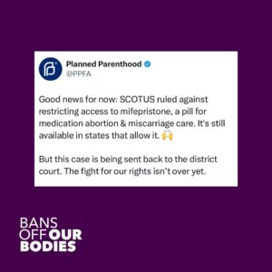 Alexis McGill Johnson Instagram - Today’s SCOTUS decision means mifepristone remains available in states where abortion is legal. We’re relieved, but this case isn’t over yet. 

Mifepristone shouldn’t be at risk in the first place. Everyone deserves to get the medicine they need.

- - 
Este caso nunca debió haber comenzado. Todas las personas deberían poder obtener la atención médica que necesitan, sin excepciones.
