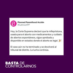 Alexis McGill Johnson Instagram - Today’s SCOTUS decision means mifepristone remains available in states where abortion is legal. We’re relieved, but this case isn’t over yet. 

Mifepristone shouldn’t be at risk in the first place. Everyone deserves to get the medicine they need.

- - 
Este caso nunca debió haber comenzado. Todas las personas deberían poder obtener la atención médica que necesitan, sin excepciones.