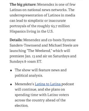 Alicia Menendez Instagram - See you Saturday 8amET with @symonedsanders & @chairman_steele ☀️☕️
