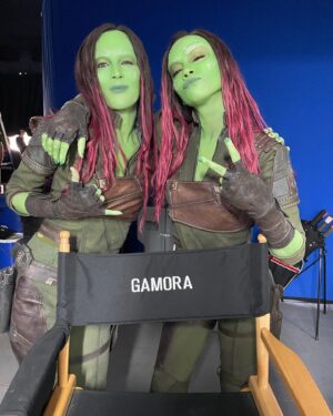 Alicia Vela-Bailey Instagram - Thank you @zoesaldana for letting me join you on this epic journey of Guardians vol 3. You killed it girl! I always have so much fun working with you. Loved being green with you girl. 💚🤗💚