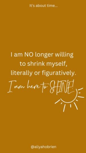 Aliyah O'Brien Instagram - My body is not a trend.

I am NO longer willing to shrink myself, literally and metaphorically to try and fit into some kind of bullshit, oppressive idea of what is valuable and beautiful. 

We are here to shine.
Fully!
In ALL our love and messy, beautiful, fabulousness.

Last November while looking in the mirror I caught myself judging my body hard and feeling so much shame.
I woke up in that moment. 

It was sobering to realize that I was still so dependent on my body being a certain size to feel good about myself. 

I had fooled myself into thinking I had evolved past that. 
But when I took stock I realized my love for myself and my body was conditional (which is not love btw) and I still had deeply engrained disordered eating habits.

These beliefs and habits are layered deep in my subconscious, fortified by the messages we are all fed and then continue to support.
But they can be undone. Slowly but surely, I am moving towards freedom and wholeness.

As always I share in hopes that you will feel less alone in your journey, and inspired to move towards love and freedom.

A lot of my process has been sitting with myself and all the parts of me that are scared and want to buy into the cultural rhetoric that tells us to be thin. The parts of me that believe I won’t work if I’m not thin, I won’t be desired, I won’t be loved, I won’t belong.

The amount of time and energy and money I’ve wasted in the name of thinness.
The amount of love and joy I’ve missed out on.
No more.

I could go on and on and we will do a podcast episode about this, but as promised in the video, here are a couple resources that helped me.

The book #antidiet by @chr1styharrison 

And the @rawbeautytalks RESET program with @erintreloar which was all about intuitive eating and body neutrality. 

I know I’m not alone in this. 
This is an epidemic that needs end.
We’ve been brainwashed into thinking our bodies are currency for love and belonging. 
Wherever you are at in your journey is okay. You are love and you are loved.

My mission in this lifetime is to let my light shine FULLY and inspire others to do the same!

Shine baby shine!
The world needs ALL of you!!

All the love.
Always.
💖