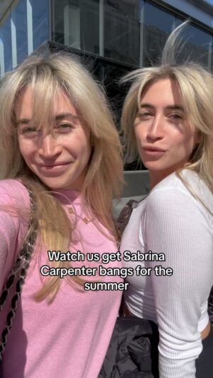 Allie Kaplan Instagram - We’ve been told we look like her before 🥹 thoughts? Are the bangs bangin? ✨😍
.
.
.
.
.
#summer #haircut #sabrinacarpenter #espresso #summervibes