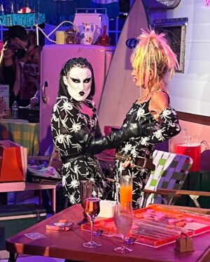 Allison Miller Instagram - @lizzy_greene found my dream pants in a vintage shop, took me to @betseyjohnson’s 80th birthday party, and captured the moment when @gottmik said she loved my makeup. ⚰️🪦👻🤌🏼RIP to my earthly form as I have ascended.