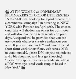 Ally Pankiw Instagram - Attn: Female (and non-binary) filmmakers of color based in NEW YORK. I’m continuing my directing mentorship initiative with a commercial shadowing opportunity. Paid position. Please read entire post before submitting and make sure you meet ALL criteria! Thank you and please share to your filmmaking circles! #femaledirectors #femalefilmmakers #womendirectors #POCdirectors #changethelens