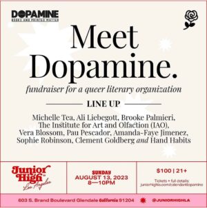 Amanda-Faye Jimenez Instagram - I’m being told there are only a few hot tickets left for the @dopaminebooksla fundraiser/performance/dinner/extravaganza THIS SUNDAY @juniorhighla and I would really love it if you specifically would snag one and come! There’s going to be: performances (I know I said that), dinner (yeah), drinks, custom literary fragrance, curated genius artist grab bag raffle, and VERY IMPORTANTLY, you can buy the Dopazine sampler in which my inclusion among so many incredible writers is absolutely mind blowing to me!! Also, this is I guess my super informal announcement that I’m finally writing that book you all* have been clamoring** for with Michelle and Beth as my Dopadoulas and I have to pinch myself every single day because of it. I’m so so excited about all the work Dopamine is going to be publishing and would love to see you Sunday at the big debut!

*10 or so ppl
**casually inquiring