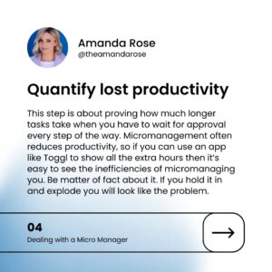 Amanda Rose Instagram - Micromanagers are bosses who want to know everything a worker is doing and make every decision for them – often creating double the work 😐

Working under a micromanager can be suffocating, demoralising and exhausting. So what can you do about it? Here are some tips for how you can approach the situation (steadily increasing in seriousness!)

🎤 I run workshops and give keynote speeches on a range of topics, working with corporations and individuals to solve problems, remove barriers, and inspire. If your business or organisation is looking for a straight-talking, engaging keynote speaker or workshop facilitator, learn more about my services via the link in bio or reach out to me directly for a chat 💬

#micromanaging #micromanager #communicationskills #businessmentoring #careermentoring #womeninleadership #womeninbusiness #leadershiptips #leadership #careermentor #leadershipmentor #amandarose #bosslady #leadershipadvice
