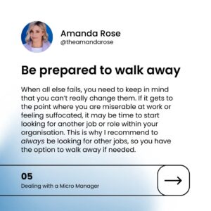 Amanda Rose Instagram - Micromanagers are bosses who want to know everything a worker is doing and make every decision for them – often creating double the work 😐

Working under a micromanager can be suffocating, demoralising and exhausting. So what can you do about it? Here are some tips for how you can approach the situation (steadily increasing in seriousness!)

🎤 I run workshops and give keynote speeches on a range of topics, working with corporations and individuals to solve problems, remove barriers, and inspire. If your business or organisation is looking for a straight-talking, engaging keynote speaker or workshop facilitator, learn more about my services via the link in bio or reach out to me directly for a chat 💬

#micromanaging #micromanager #communicationskills #businessmentoring #careermentoring #womeninleadership #womeninbusiness #leadershiptips #leadership #careermentor #leadershipmentor #amandarose #bosslady #leadershipadvice