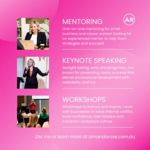 Amanda Rose Instagram - Interested in working with me? Here's how 💁‍♀️

FOR INDIVIDUALS
⭐ One-on-one mentoring for small business and career women, no matter what stage you're at.

FOR ORGANISATIONS/BUSINESSES
⭐ Keynote speaking on a range of topics including ethical leadership, dealing with difficult people, unmovable confidence and strategic connecting.
⭐ Workshops to help organisations and teams overcome obstacles, solve problems and transform workplace culture.

If you want to talk about how we could work together, DM me directly or learn more on my website (link in bio) 🔗

#womeninleadership #womeninbusiness #mentoring #businessmentoring #careermentoring #keynotespeaking #leadership #workshops #amandarose #bosslady #keynotespeaker #careermentor #careerwomen #leadershipmentor #businessmentor
