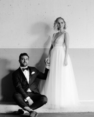 Amber Goldfarb Instagram - Not sure what I did to deserve this guy… but I thank my lucky stars every day. ✨ Happy first wedding anniversary my love. 💛💛 

Thank you @marlon.foto for capturing these precious moments, @jordanderuiter for the gorgeous custom dress, @sophiemanzerolle for the lovely hair and makeup and @marc_desparois for his colour and cut magic
#weddinganniversary #firstanniversary #anniversary #loveofmylife #wedding
