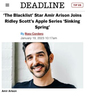 Amir Arison Instagram - New Chapter 🙏🏼
The team, the story...beyond excited.

@deadline :
EXCLUSIVE: Amir Arison (The Blacklist, lead on Broadway’s The Kite Runner) has joined series lead Brian Tyree Henry in Apple’s crime drama series Sinking Spring from Top Gun: Maverick writer Peter Craig. The eight-episode series is directed and executive produced by Ridley Scott via his Scott Free Productions.

Arison will play Mark Nader, the Supervisory Special Agent in the DEA.

Based on Dennis Tafoya’s book Dope Thief, Sinking Spring follows longtime Philly friends and delinquents who pose as DEA agents to rob an unknown house in the countryside, only to have their small-time grift become a life-and-death enterprise, as they unwittingly reveal and unravel the biggest hidden narcotics corridor on the Eastern seaboard.

The cast also includes Michael Mando, Marin Ireland and Kate Mulgrew.

Craig created the eight-episode series, executive produces and will direct one episode. Scott executive produces for Scott Free Productions alongside David W. Zucker, Jordan Sheehan and Clayton Krueger. Henry executive produces, and Tafoya will serve as consulting producer. The series hails from Apple Studios and will be produced by Scott Free Productions.