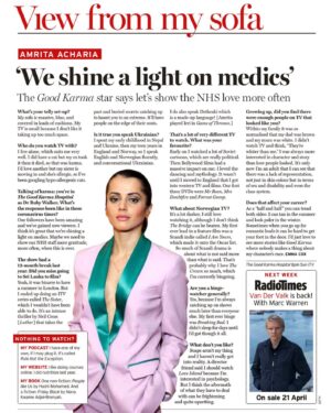 Amrita Acharia Instagram - Thanks @radiotimes for having me on ‘View From My Sofa ‘❤️ Lovely to chat about GKH & supporting the NHS .
We had a chinwag about my upcoming show The Sister👀, series binge watching , my podcast   representation and some early influences I’d not thought about for a while! .... Also since the interview, I now share the view from my sofa with a little kitten ... 😜🐱 •
•
•
( Photo: Styling by @thelovedobject suit by @racil   earrings by @anishaparmarlondon 😘
#radiotimes #gkh #thesister #itv #hulu #interview #acting #norway #got #cats #london #books #stayhome #nhs