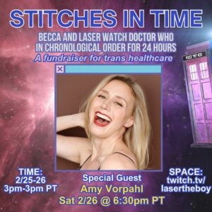 Amy Vorpahl Instagram - My pals @lasertheboy & @bexmcglex are putting together an UNHINGED show for you this weekend involving 24 hrs of Dr Who. All for Trans rights. It’ll be chaotic and wild, and I’ll be there performing Saturday night alongside other amazingly talented friends! Follow these two for deets: @lasertheboy @bexmcglex !