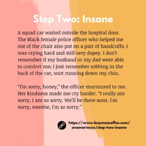 Ana Marie Cox Instagram - I'm doing a series of posts on my experience/interpretation of the Twelve Steps over on buymeacoffee.com -- it's my low-stakes version of a newsletter, because I still really hate newsletters. You can give a one-time donation and get on my mailing list, or you can just visit once a week for a new essay.

A reminder that if you enjoy or are inspired by these, I teach a workshop on writing your recovery! The next session will begin in late April. More info at anamariecox.com/thirdstory

This week is on Step Two. Here's the excerpt: 

A squad car waited outside the hospital door. The Black female police officer who helped me out of the chair also put on a pair of handcuffs. I was crying hard and still very dopey. I don’t remember if my husband or my dad were able to comfort me I just remember sobbing in the back of the car, snot running down my chin. 

“I’m sorry, honey,” the officer murmured to me. Her kindness made me cry harder. “I really am sorry. I am so sorry. We’ll be there soon. I'm sorry, sweetie, I'm so sorry.”