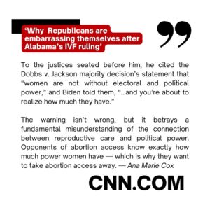 Ana Marie Cox Instagram - Latest piece up at CNN.com!

To the justices seated before him, he cited the Dobbs v. Jackson majority decision’s statement that “women are not without electoral and political power,” and Biden told them, “…and you’re about to realize how much they have.” He then followed by saying, “No kidding,” and warned that Republicans “have no clue about the power of women.”

The warning isn’t wrong, but it betrays a fundamental misunderstanding of the connection between reproductive care and political power. Opponents of abortion access know exactly how much power women have — which is why they want to take abortion access away.