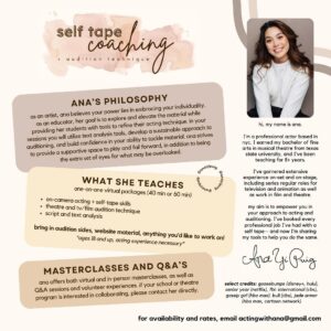 Ana Yi Puig Instagram - she’s back, baby! I’m elated to share that I’m re-opening my one-on-one coaching sessions and am offering focuses that range from self-taping skills to on-camera   theatre acting technique. 

my goal is to make you feel like a badass in your storytelling— whether it’s a five line side or a five minute song. I truly love helping actors discover what lies beyond their comfort zone and rethink what auditioning can look like. if you’re seeking a space to fail forward and develop a confident approach to your craft, let’s cook.

for availability and rates, email actingwithana@gmail.com or visit the link in my bio 👩🏻‍🍳
