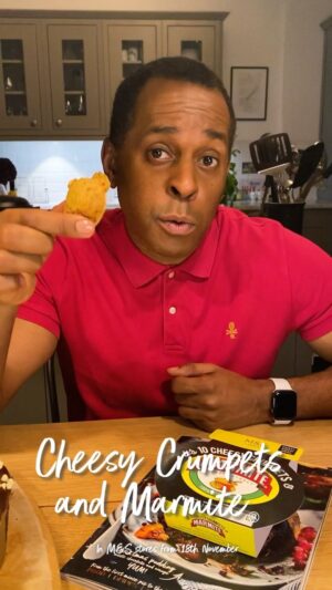 Andi Peters Instagram - I’m all about good party food…even if it’s a party for one!
Tuck in. I’m a Marmite lover so therefore #MyMarksFave is the Cheesy Crumpets & Marmite from @marksandspencer! #ad
