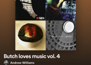 Andrew J. Williams Instagram - BUTCH LOVES MUSIC VOL. 4 is up!!! LINK IN BIO!! This was a teesh design i had made by @evanxduckett awhile ago when i was 44. Maybe I’ll release it Vol. 45 now. Who knows! I’m traveling to work this week and these are the tunes I’m punishing my ears with to deafen out all the crumbs i encounter this week. Have fun.
