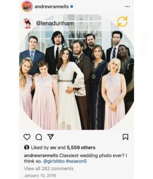 Andrew Rannells Instagram - we’ve officially entered season 5 of the rewatch! To celebrate please enjoy this period piece IG post from @andrewrannells 😭🤝🍾

#hbogirls #girlshbo #andrewrannells #lenadunham #allisonwilliams