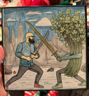 Andrew Rea Instagram - My nephew used ChatGPT to make a coloring book page depicting me in a sword fight with cilantro. Happy holidays and may all your foes be slain!