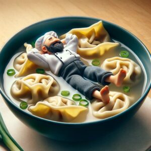 Andrew Rea Instagram - I’m home sick, so naturally I asked ChatGPT to render a portrait of me swimming in wonton soup. Feeling better already.
