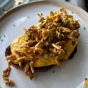 Andrew Rea Instagram - Some breakfast courtesy of a Saturday morning farmers market haul: scrambled eggs with herbs, quark cheese, and crispy golden oyster mushrooms on @shewolfbakery sourdough