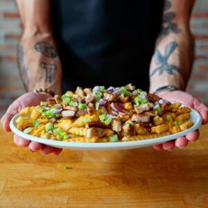 Andrew Rea Instagram - On this episode of What the Fridge, we’re making good use of kimchi, pork belly, cheese sauce, and french fries. Can you guess how? I guess it’s pretty obvious actually - kimcheese fries are live now, link in tree!