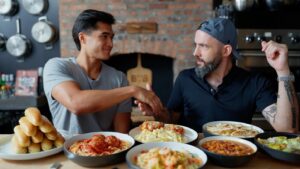 Andrew Rea Instagram - @owen.han is a special guest this week to do something really different and fun on the channel. We tasted Olive Garden’s most iconic dishes and then Owen created the ultimate sandwich with some of the components. The result? Olive Garden breadsticks as sandwich buns should definitely be a thing. Link to watch in the tree!